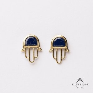NOVAMART Fine Silverings 925 Sterling <b>Silver</b> Hamsa Lapis Lazuli <b>Stud</b> and Drop Earrings Vintage Style with 18K Gold Freshwater Pe - Product Image 4