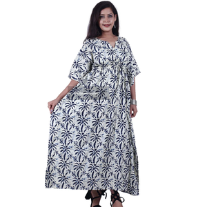 Maxi vestido de caftán de algodón estampado bloque hecho a mano para mujer tamaño libre transpirable verano Casual ropa de playa encaje adultos Natural - Product Image 1