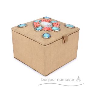 Elegant Square <b>Sand</b> Colored Handcrafted Jewelry Box | Embroidered Beaded Studded Luxury Organizer <b>Magnetic</b> Closure | Luxury - Product Image 2