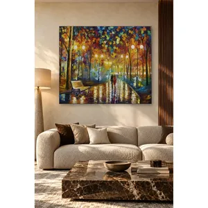 Impression sur toile du soir : Couple Fida se promenant sous un parapluie dans un parc pluvieux - Product Image 5