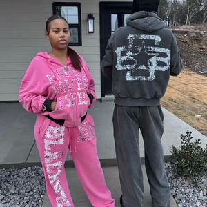 Ensemble de pantalons de survêtement à capuche surdimensionnés en éponge française personnalisée 100% coton avec strass Survêtement Boxy zippé pour hommes - Product Image 6