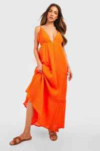Vestido largo liso naranja de gran venta para mujer, vestido largo informal de crepé de algodón sólido holgado de talla grande con cuello en V profundo - Product Image 5