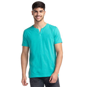 2025 New Wholesale Cotton Henley Neck T-<b>Shirt</b> for <b>Men</b> HighQuality Short Sleeve Buttoned <b>Collarless</b> Tee With Custom Printing - Product Image 1