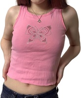 Débardeur rouge en polyester pour femme, imprimé cœur ailé en strass, orné de perles, respirant, tricoté, col rond, coupe courte, sexy, pour club