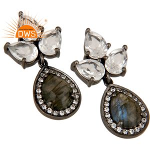 Boucles d'oreilles pendantes en argent et Rhodium noir, Labradorite et cristal, dernière conception, fabricant de bijoux Demi-fins - Product Image 2