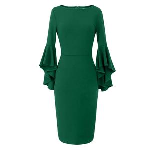 เดรสยาวถึงเข่าสำหรับผู้หญิงชุดเดรสทำงานแขนยาวคอกลมแขนยาวแบบลำลอง - Product Image 5