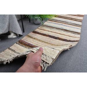 Tapis Turc Vintage Moderne 2.3x 10.1ft Beige Fait à la Main Patchwork Design Laine Viscose Rectangulaire Couloir Motif pour Vivre Latex - Product Image 3