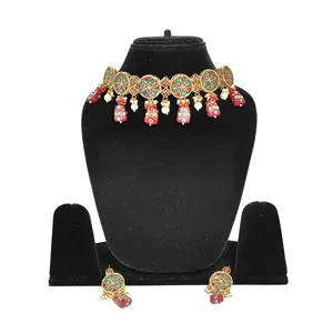 Vintage Red Kundan <b>Studded</b> Meenakari Necklace Set Stainless Steel Fine Bridal Jewelry with Pearl and Diamond for Gifts - Product Image 2