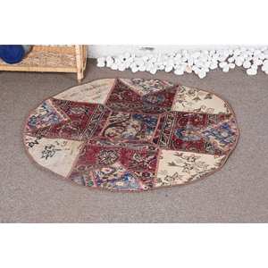 Vintage Wool Rug <b>Red</b> and Beige Patchwork Design 3.4 X 3.4 ft Thick 10mm <b>Latex</b> Backed for Entryway or Teen's Home Living Room - Product Image 2