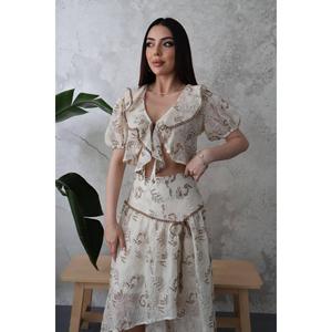 Conjunto de Blusa con Ribete de Encaje Marrón y Falda con Volantes - Marrón - Product Image 3