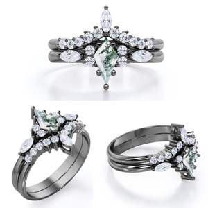 Plata de Ley 925 rodio 1,75 quilates musgo ágata moissanita grabado coronado cuadrilátero anillo nupcial conjunto para bodas fiestas - Product Image 3