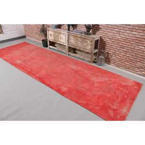 Alfombra Vintage, Alfombra Turca de 3.9x12.9 pies, Alfombra de Lana a Cuadros Rojos - Product Image 2