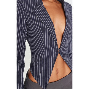 Vêtements de créateurs de haute qualité pour femmes, col en V, manches longues, chemise rayée marine, avec crochet plongeant et œil au meilleur prix - Product Image 3