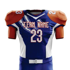 Uniforme de football pour hommes Maillot et pantalon de football américain personnalisé orange et bleu Ensemble matériel sublimé équipe en sergé - Product Image 2