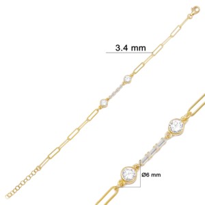 Round with Baguette Zircon Stone Design <b>Charm</b> Bracelet Turkish Handmade Gold Plated 925 Sterling Silver Jewelry for Party & Gift - Product Image 3