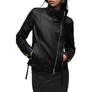 Chaqueta de cuero de motorista de cuero de lujo clásico para mujer Cierre de cremallera asimétrica Cuello alto Puños con cremallera. - Product Image 2