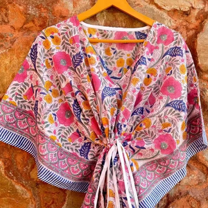 ชุดคลุมอาบน้ำแบบ caftan สั้นผ้าฝ้ายทำมือพิมพ์ลายใบไม้กุหลาบชุดคลุมเอวธรรมชาติชุดนอนชายหาดซักได้ - Product Image 1