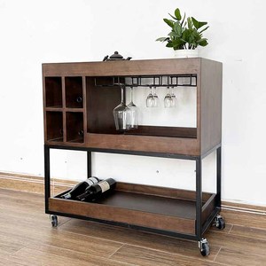 KR68002 Modern Antiqued Home Furniture Solid Oak Mobile <b>Wine</b> Rack with Iron Frame - Product Image 5