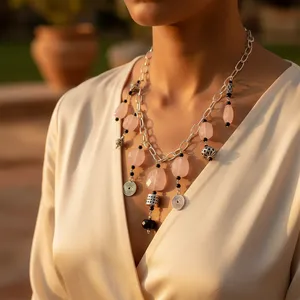 Collier avec pendentif en quartz rose, chaîne en argent 925 plaqué argent, style bohème, bijoux pour femmes, usage quotidien - Product Image 2