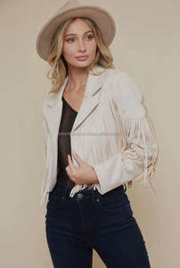 Chaqueta de Moto con flecos de cuero genuino de crema de alta calidad, estilo de motorista occidental, mangas con borlas, lona transpirable de punto trasero para - Product Image 2