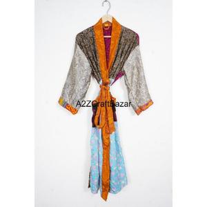 Kimono de Lujo Estilo Boho para Mujer, 100% Seda, Diseño de Parches con Cuello en V, Cierre con Cordón, Mangas Largas, Suave - Product Image 1