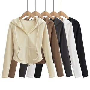 Ropa de calle con capucha y bolsillos Sudadera Mujer Casual sólido deportes manga larga sudaderas mujer otoño Delgado cremallera recortada abrigo - Product Image 1