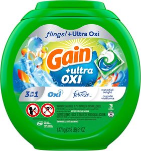 Lessives en dosettes Gain Flings Ultra Oxi, 76 unités, parfum Cascade de joie, 3-en-1, compatible HE - Product Image 1