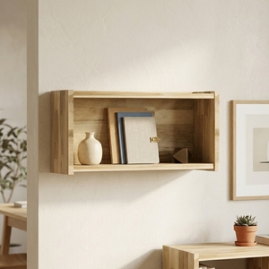 Meuble mural en bois massif avec étagère flottante et vitrine ouverte, unité de rangement pour salon - Product Image 2