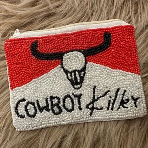 High Quality Western Mini Coin <b>Purse</b> Handcrafted Cowboy Beaded Pouch in White Grey & <b>Red</b> Zipper Closure Fashionable Accessory - Product Image 5