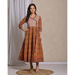 Vestido largo de algodón Angrakha con estampado de mostaza Jaipuri, Lehenga Choli indio con Saree y Salwar, ropa suave cosida. - Product Image 3