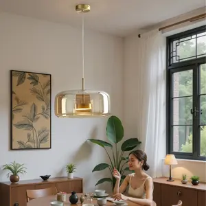 Lustre suspendu minimaliste moderne en fer et verre, finition noir et or, éclairage intérieur LED 3 couleurs - Product Image 4