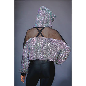 Pull à capuche pour femme de haute qualité en cristal, entièrement recouvert de strass, tissu en maille spécial, cordon de serrage, brillant - Product Image 2