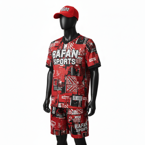 Ensemble court en mesh pour homme, polyester de haute qualité, 160 GSM, léger, rouge et noir, imprimé sur toute la surface, logo personnalisé pour ensemble homme - Product Image 4