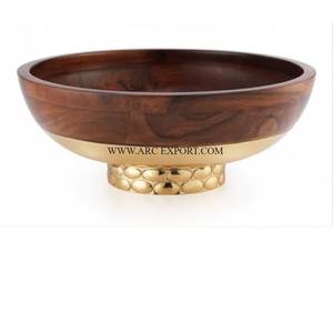 Standard Wooden Food <b>Bowl</b> With Metal Gold Polished Base Attractive New Designing <b>Large</b> Size Home Decor Food Serving <b>Bowls</b> - Product Image 1