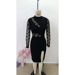 Vestido Mini Ajustado de Manga Larga con Cuello Alto y Detalle de Encaje, Abertura en el Pecho y Abertura Lateral en Tela Crepé Importada para Mujer, Marca Jane's - Product Image 6