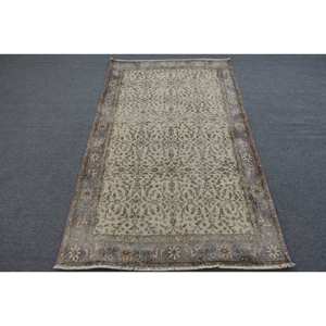 Alfombra de lana clásica Beige marrón de 3,8x6,3 pies, diseño de retazos turco para entrada, sala de estar o dormitorio, respaldo de látex - Product Image 1