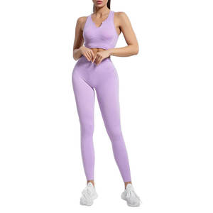 Leggings de yoga respirants et sans coutures pour femmes, avec dos froncé, compression élastique, ensemble 2 pièces confortable pour l'extérieur - Product Image 1