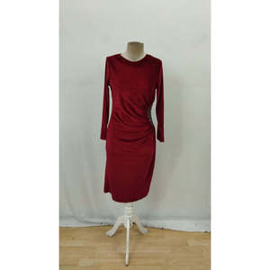 Women's Long Sleeve Boat Neck Midi <b>Velvet</b> <b>Dress</b> with Side Stone Detail, 37548 - <b>Burgundy</b> - Product Image 6