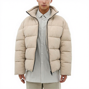 Men's Beige Puffer <b>Jacket</b> Stand Collar Zipper Closure Windproof Casual Winter Coat Polyester Wadding Thick Regular Fit 2026 - Product Image 1