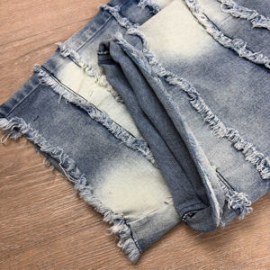 Wholesale Customized <b>Jeans</b> Shorts Cut & Sew <b>Raw</b> <b>Hem</b> Distressed Applique Embroidery Pacthes Acid Wash Jorts Denim Shorts Men - Product Image 3