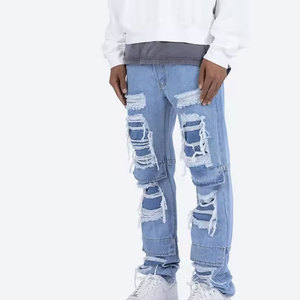 Custom High Quality Blue <b>Men's</b> <b>Pants</b> Vintage Punk Style Flare Jeans Stacked Patchwork Distressed <b>White</b> Wash Mid Waist Logo - Product Image 2