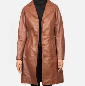 Manteau long en cuir véritable marron pour femme avec ceinture, col rabattu décontracté, style automne-hiver - Product Image 1