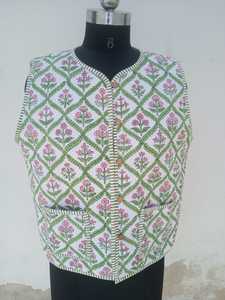 Chaquetas Kantha con estampado de bloques a mano de algodón indio, abrigo de invierno para mujer con media manga, parche de tela acolchada, trabajo de algodón puro - Product Image 3