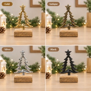 Petit sapin de Noël en métal argenté avec base en bois, ornement de table pour la saison des fêtes, décoration de maison, artisanat en gros - Product Image 3