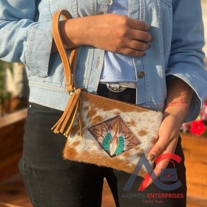 ใหม่จริงทําด้วยมือผมบนซ่อนหนังกระเป๋าสตางค์กระเป๋าสตางค์สไตล์ตะวันตกผู้หญิงของแท้หนังพู่หรูหราซิปกระเป๋าสตางค์ - Product Image 1