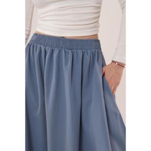 Lustrin Women's Long Blue Elastic Waist <b>Skirt</b> Side <b>Pocket</b> Detail Comfortable Casual Dyed Breathable <b>Maxi</b> <b>Skirt</b> for Everyday Wear - Product Image 3