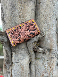 New Western Stylish Color Real Tooled Leather Women Clutch Hot Selling Compact Size Brown Color Tooled Leather <b>Wristlet</b> Clutches - Product Image 2