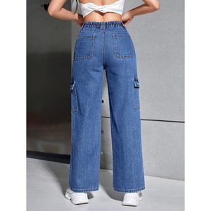 Jeans de Mezclilla para Mujer, Color Azul Piedra, Transpirables, Ecológicos, Corte Holgado, Cintura Alta, Estilo Cargo con 6 Bolsillos, Moda Verano-Otoño, Talla 26-40 - Product Image 4