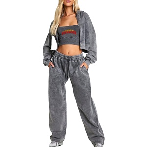 OEM/ODM Custom Printed Logo 3 Piece Acid wash Women Jogger Sets High Quality 100% Cotton Oversize Crop top Women's Tracksuit - Product Image 1