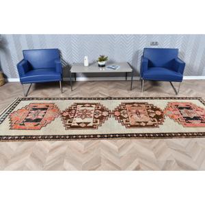 3.8x11.2 ft Vintage Runner Rug Turkish <b>Brown</b> Patchwork <b>Wool</b> Rug with Eco-Friendly Latex Backing - Product Image 3